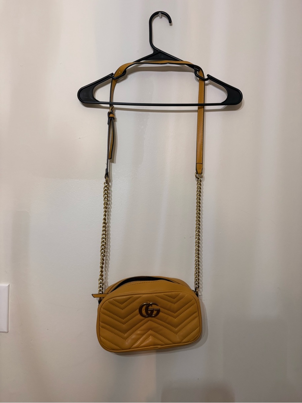 GG Chevron Quilted Mustard Crossbody Bag with Chain Strap